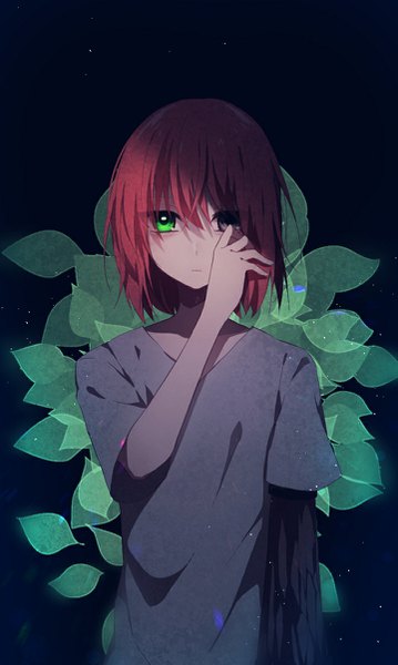 Anime picture 720x1203 with mahou tsukai no yome wit studio hatori chise hazakura chikori single tall image looking at viewer fringe short hair hair between eyes green eyes upper body red hair grey eyes heterochromia adjusting hair black background girl leaf (leaves) t-shirt