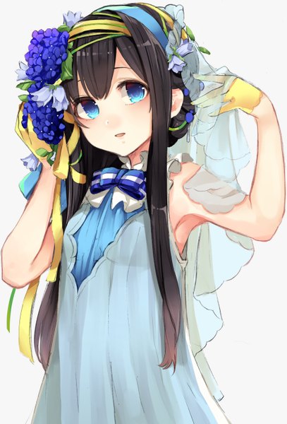 Anime picture 950x1400 with original ao no neko single long hair tall image looking at viewer fringe open mouth blue eyes black hair simple background smile hair between eyes white background holding upper body head tilt :d hair flower arms up