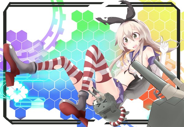 Anime picture 1299x899 with kantai collection shimakaze destroyer rensouhou-chan beniyosweet009 single long hair blush breasts open mouth light erotic blonde hair full body light smile torn clothes girl thighhighs gloves hair ornament elbow gloves white gloves