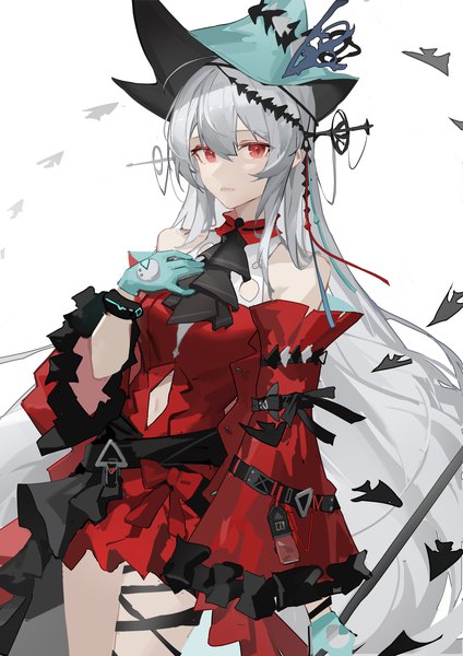 Anime-Bild 2480x3508 mit arknights skadi (arknights) skadi the corrupting heart (arknights) luozhou pile single tall image looking at viewer fringe highres hair between eyes red eyes standing white background silver hair very long hair official alternate costume hand on chest girl gloves hat