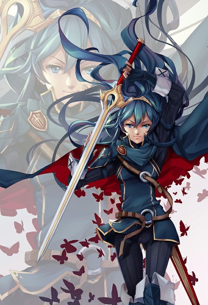 Anime picture 600x877 with fire emblem fire emblem awakening lucina (fire emblem) lucidsky single long hair tall image looking at viewer fringe blue eyes light smile girl weapon sword cape clothes