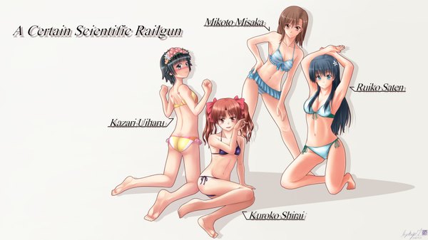 Anime picture 1920x1080 with to aru kagaku no railgun to aru majutsu no index j.c. staff misaka mikoto shirai kuroko saten ruiko uiharu kazari kiyokazu long hair looking at viewer blush highres short hair blue eyes light erotic black hair brown hair wide image multiple girls brown eyes