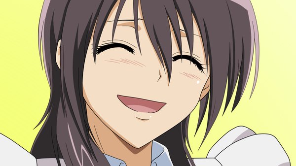 Anime picture 1920x1080 with kaichou wa maid-sama! ayuzawa misaki single long hair blush highres open mouth simple background smile brown hair wide image eyes closed portrait face girl