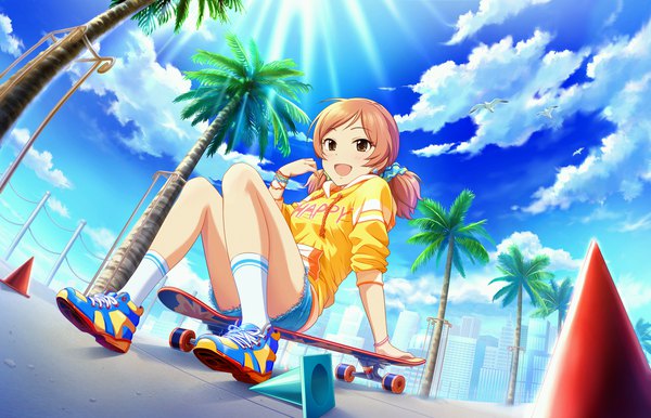 Anime picture 1280x824 with idolmaster idolmaster cinderella girls idolmaster cinderella girls starlight stage komatsu ibuki single long hair looking at viewer blush open mouth smile brown hair sitting twintails brown eyes sky cloud (clouds) full body ahoge bent knee (knees) outdoors