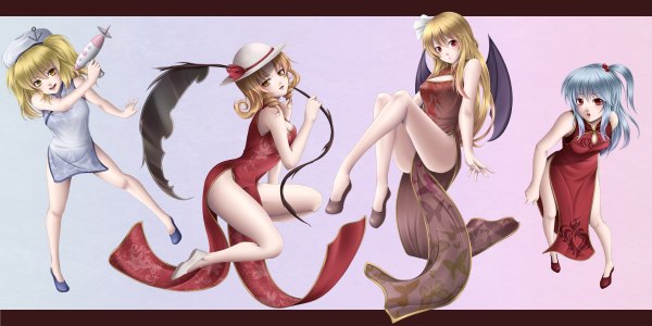 Anime picture 2400x1200 with touhou shinki (touhou) elly (touhou) kitashirakawa chiyuri kurumi (touhou) mochi.f long hair highres short hair light erotic blonde hair red eyes wide image multiple girls yellow eyes blue hair one side up chinese clothes group girl