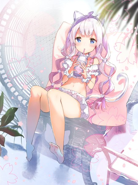 Anime picture 752x1003 with original hayama eishi single long hair tall image looking at viewer blush fringe blue eyes sitting twintails holding payot purple hair full body ahoge bent knee (knees) tail blunt bangs animal tail