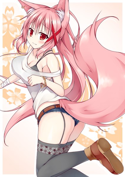 Anime picture 868x1228 with original kazamatsuri kazari mizuki (kogetsu-tei) single long hair tall image looking at viewer blush fringe breasts light erotic simple background red eyes large breasts animal ears pink hair ass tail animal tail looking back