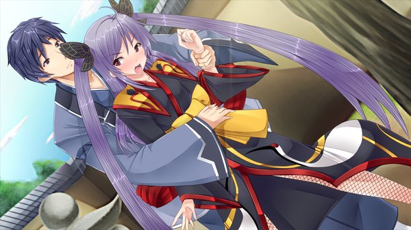 Anime picture 1280x720 with sengoku hime long hair short hair open mouth black hair red eyes wide image twintails game cg purple hair girl boy