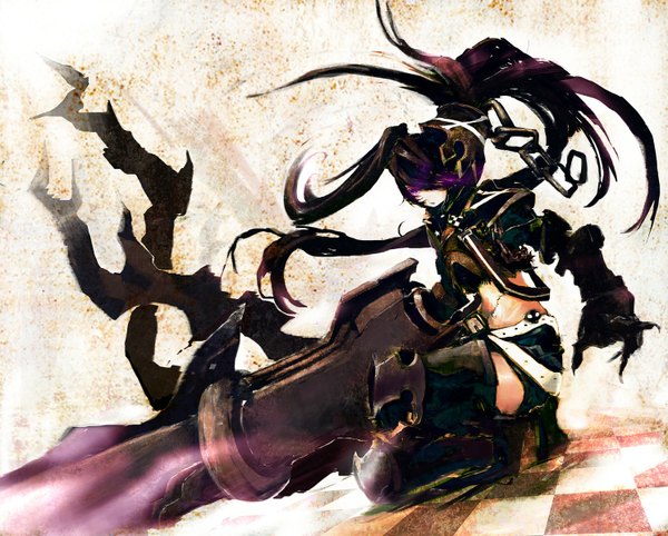 Anime picture 1491x1200 with black rock shooter insane black rock shooter so-bin single long hair fringe purple eyes purple hair hair over one eye scar checkered floor girl shorts chain huge weapon