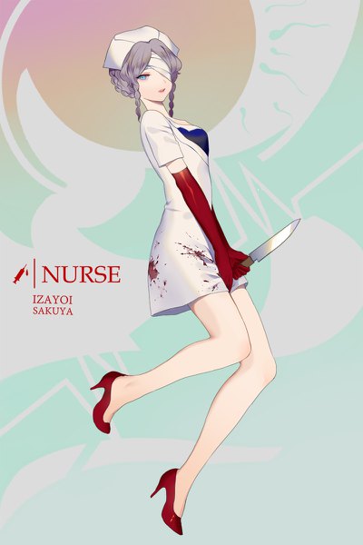 Anime picture 800x1200 with touhou izayoi sakuya hillly (maiwetea) single tall image looking at viewer short hair blue eyes full body braid (braids) grey hair high heels alternate costume character names bloody clothes bandage over one eye girl gloves elbow gloves blood