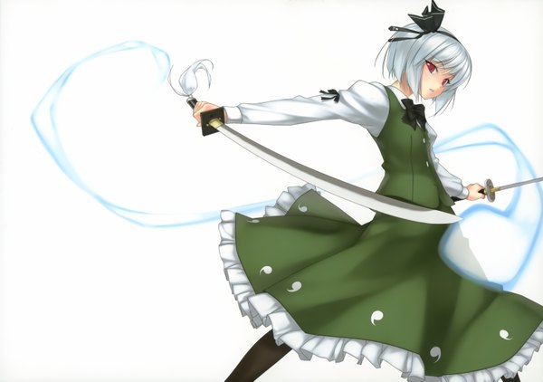 Anime picture 3352x2361 with touhou konpaku youmu myon rokuwata tomoe single highres short hair simple background red eyes white background absurdres silver hair wallpaper girl bow hair bow sword katana