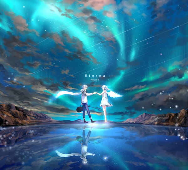 Anime picture 1280x1163 with original myhilary fringe short hair sky silver hair cloud (clouds) barefoot bare legs legs white wings angel milky way meteor rain different reflection girl dress boy wings water