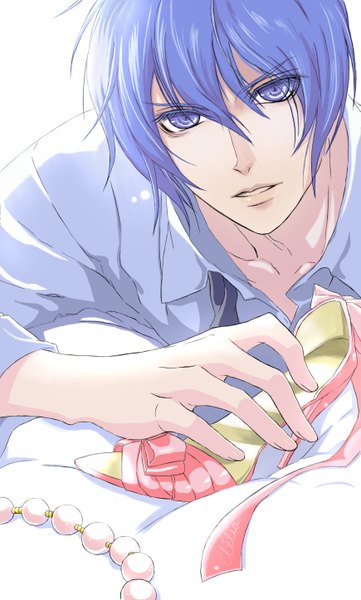 Anime picture 1739x2892 with wand of fortune idea factory julius fortner single tall image looking at viewer highres short hair blue eyes simple background white background holding blue hair lying face open collar boy shirt necktie shoes