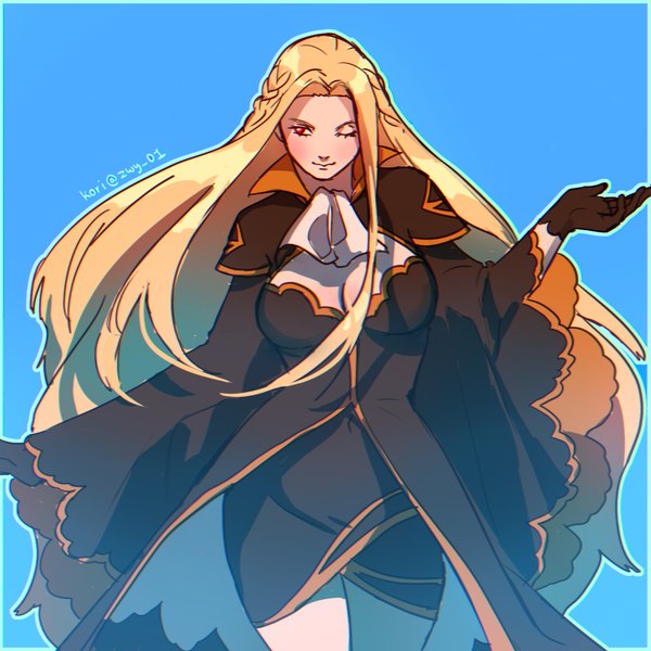 Anime picture 1500x1500 with noblesse the previous lord zwy01 single long hair blush breasts simple background blonde hair smile red eyes large breasts signed looking away cleavage braid (braids) long sleeves one eye closed arm up wide sleeves