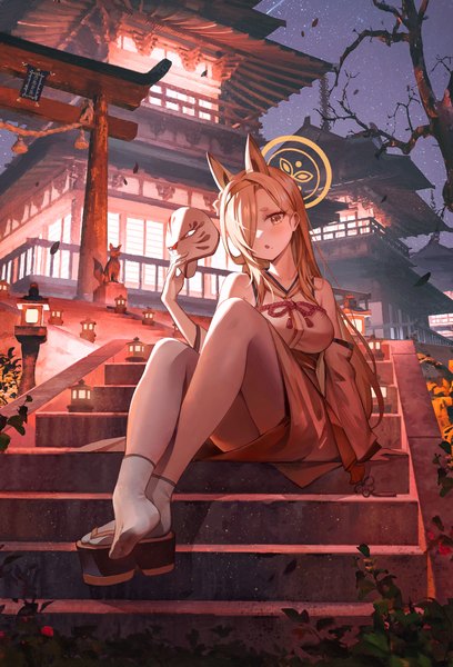 Anime picture 3063x4509 with blue archive kaho (blue archive) ikkia single long hair tall image looking at viewer blush fringe highres breasts open mouth light erotic blonde hair large breasts sitting holding animal ears yellow eyes absurdres