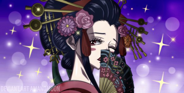 Anime picture 6028x3070 with one piece toei animation komurasaki (one piece) kozuki hiyori amanomoon single looking at viewer highres short hair black hair simple background red eyes wide image signed absurdres upper body parted lips one eye closed hair flower wink