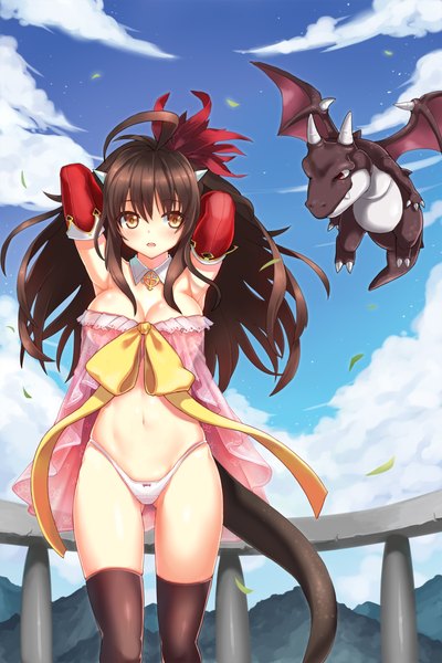 Anime picture 1500x2250 with original serin199 long hair tall image blush breasts open mouth light erotic black hair yellow eyes sky cloud (clouds) horn (horns) fantasy oni horns dragon girl girl thighhighs navel underwear