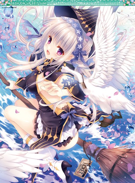 Anime picture 1920x2588 with original tatekawa mako long hair tall image blush fringe highres open mouth light erotic hair between eyes purple eyes looking away silver hair looking back from above scan official art high heels pantyshot flying