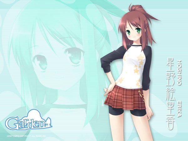 Anime picture 1280x960 with garden (galge) cuffs (studio) hoshino erika gayarou single long hair looking at viewer blush brown hair green eyes pleated skirt copyright name character names hand on hip plaid skirt half updo zoom layer star print raglan sleeves girl