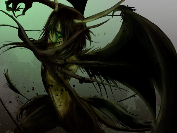 Anime picture 1024x768 with bleach studio pierrot ulquiorra schiffer single fringe short hair black hair green eyes tail horn (horns) glowing glowing eye (eyes) bat wings espada arrancar boy wings claws