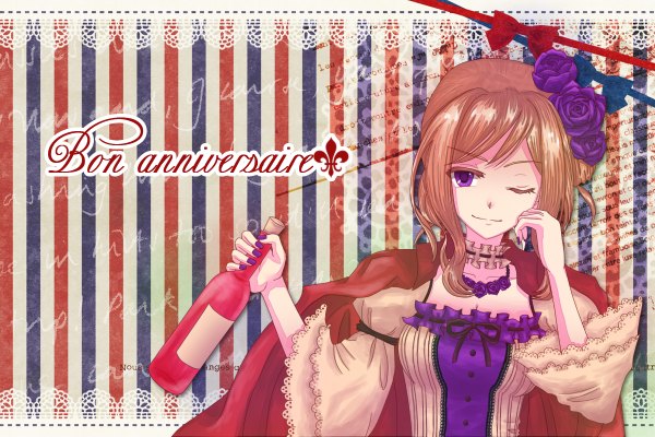 Anime picture 1200x800 with axis powers hetalia studio deen france (hetalia) daffobird (artist) brown hair purple eyes nail polish one eye closed hair flower wink arm support striped striped background girl dress hair ornament flower (flowers) bow rose (roses) bottle