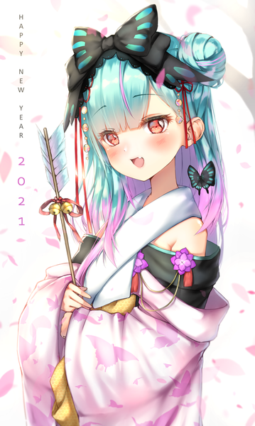 Anime picture 3500x5843 with virtual youtuber hololive uruha rushia uruha rushia (2nd costume) ijac ray single long hair tall image blush highres open mouth red eyes looking away absurdres upper body traditional clothes :d japanese clothes aqua hair hair bun (hair buns)