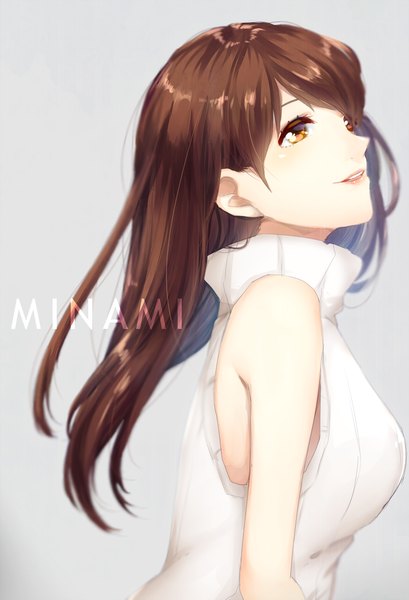 Anime picture 700x1027 with idolmaster idolmaster cinderella girls nitta minami towakarasu single long hair tall image fringe simple background brown hair bare shoulders grey background orange eyes character names looking up girl turtleneck