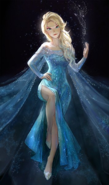 Anime picture 1000x1687 with frozen (disney) disney elsa (frozen) achyue single long hair tall image looking at viewer blue eyes blonde hair sparkle hand on hip snow makeup girl dress shoes snowflake (snowflakes)