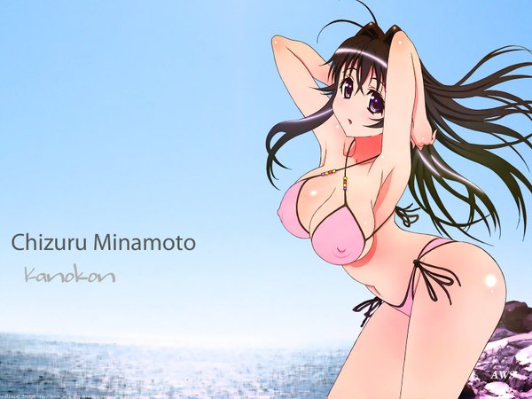 Anime picture 1600x1200 with kanokon minamoto chizuru single long hair light erotic brown hair purple eyes inscription armpit (armpits) girl swimsuit bikini