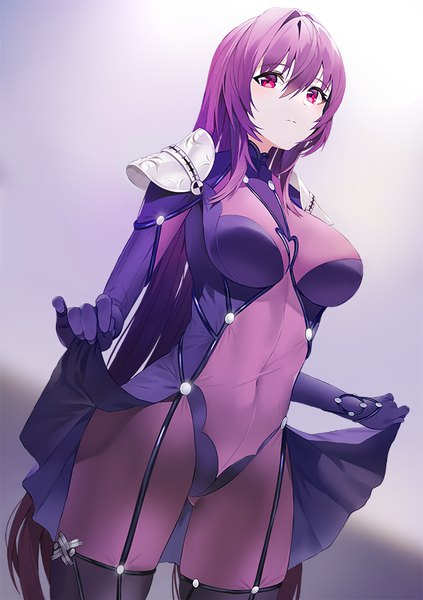 Anime picture 634x900 with fate (series) fate/grand order scathach (fate) (all) scathach (fate) damda single long hair tall image blush fringe breasts light erotic simple background hair between eyes red eyes large breasts standing holding payot looking away