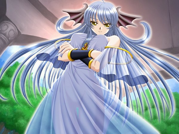 Anime picture 1024x768 with battle goddess 2 (game) long hair yellow eyes blue hair game cg bat wings girl