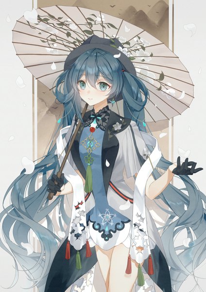 Anime picture 2086x2953 with vocaloid miku with you (vocaloid) hatsune miku osage single tall image fringe highres hair between eyes twintails looking away very long hair traditional clothes chinese clothes dark hair girl gloves hat black gloves umbrella