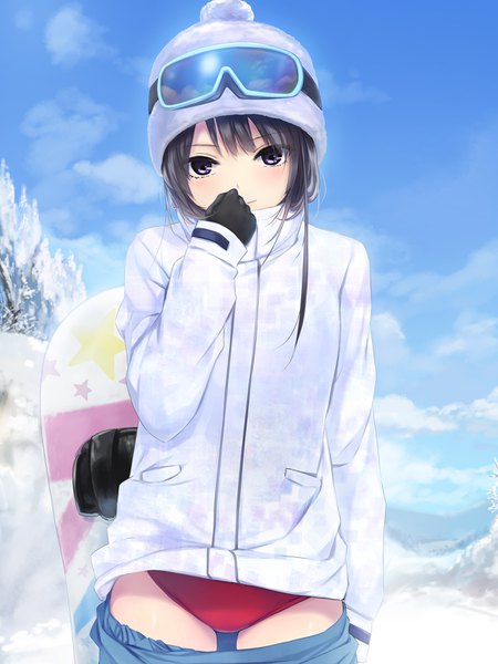 Anime picture 1200x1600 with original shiramine rika coffee-kizoku single tall image looking at viewer fringe short hair light erotic black hair purple eyes sky cloud (clouds) outdoors winter snow undressing mountain covered mouth hand to mouth