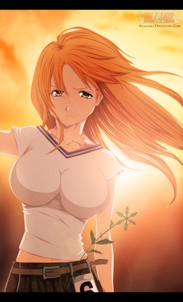 Anime picture 1370x2250 with bleach studio pierrot inoue orihime kvequiso single long hair tall image breasts large breasts sky cloud (clouds) sunlight orange hair inscription orange eyes coloring girl skirt miniskirt