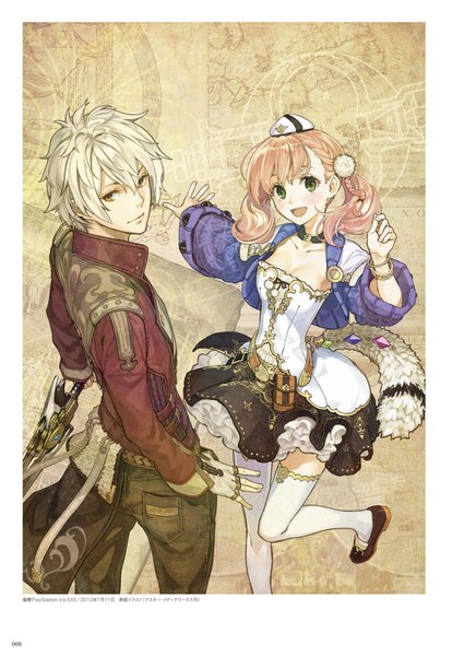 Anime picture 1416x2000 with atelier (series) atelier escha & logy gust (company) escha malier logix ficsario hidari (left side) tall image looking at viewer blush fringe short hair open mouth smile hair between eyes standing twintails holding brown eyes green eyes pink hair
