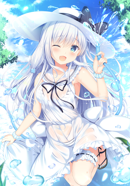 Anime picture 1429x2031 with original moe2018 tomoo (tomo) single long hair tall image looking at viewer blush breasts open mouth blue eyes light erotic standing holding sky cloud (clouds) outdoors white hair nail polish one eye closed