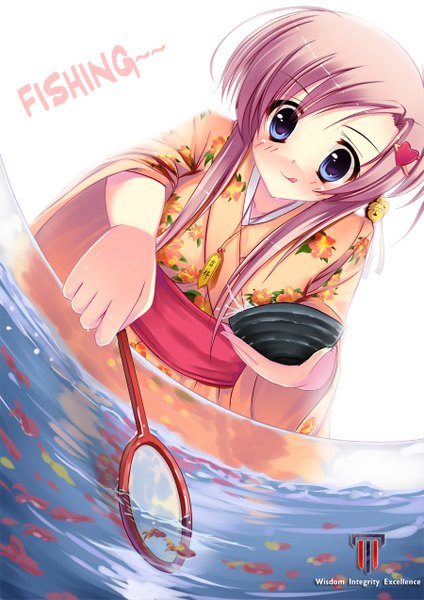 Anime picture 900x1273 with original caidychen single long hair tall image blush blue eyes smile pink hair traditional clothes japanese clothes :p girl hair ornament water heart tongue hairclip bell fish (fishes)