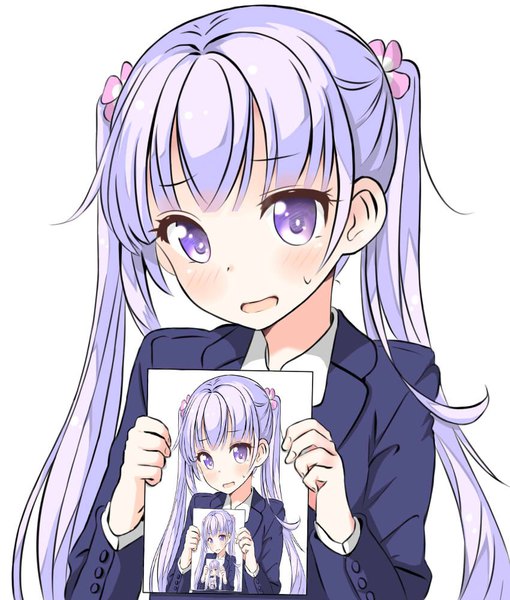Anime picture 850x1000 with new game! doga kobo suzukaze aoba aoba kawaii single long hair tall image looking at viewer blush fringe open mouth simple background white background purple eyes twintails holding purple hair upper body sweatdrop recursion