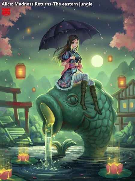 Anime picture 960x1280 with american mcgee's alice (game) alice: madness returns alice (american mcgee's) redname single long hair tall image black hair smile sitting green eyes inscription night cherry blossoms floral print mountain lake girl dress flower (flowers)