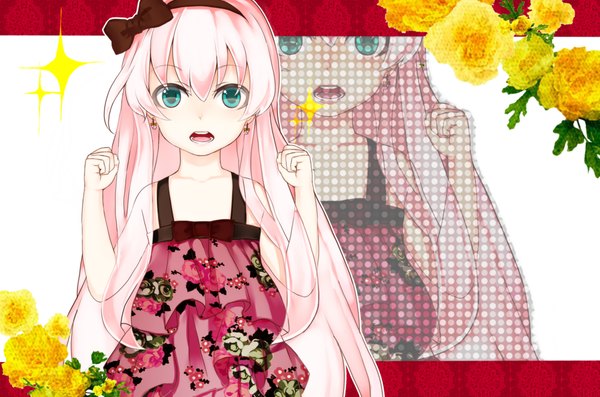 Anime picture 1200x795 with vocaloid megurine luka long hair green eyes pink hair zoom layer girl dress flower (flowers) hairband child (children) fist