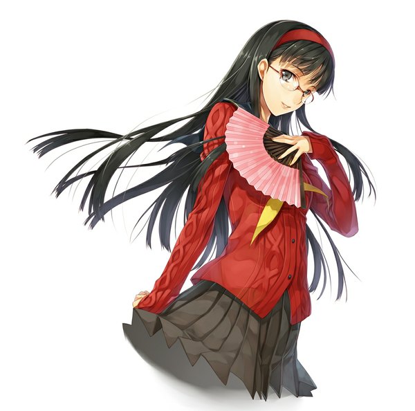 Anime picture 1000x991 with persona 4 persona amagi yukiko hagure keg single long hair looking at viewer black hair simple background smile white background black eyes girl skirt glasses hairband sweater fan