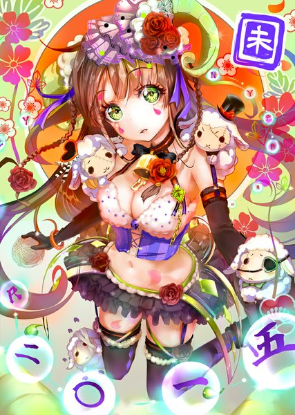 Anime picture 711x1000 with original keepout single long hair tall image looking at viewer breasts light erotic brown hair green eyes cleavage braid (braids) horn (horns) zettai ryouiki new year happy new year 2015 thighhighs skirt gloves