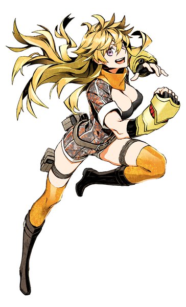 Anime picture 569x937 with rwby rooster teeth yang xiao long miwa shirow single long hair tall image looking at viewer fringe breasts open mouth light erotic simple background blonde hair hair between eyes large breasts white background purple eyes holding cleavage