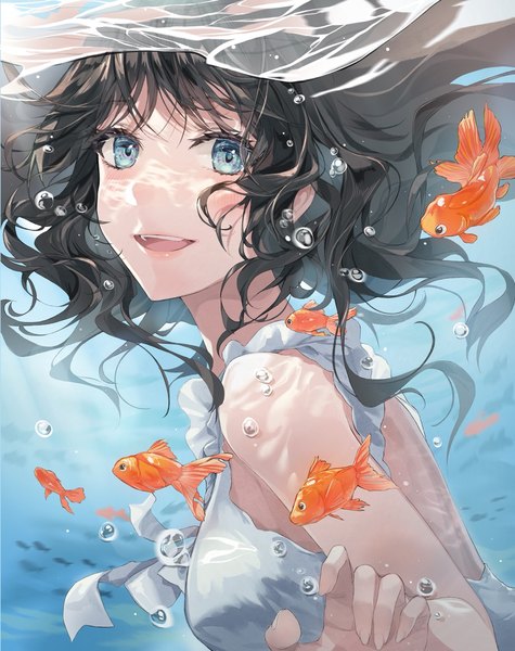 Anime picture 1139x1440 with original develop2 single long hair tall image looking at viewer open mouth blue eyes black hair :d underwater girl animal bubble (bubbles) fish (fishes) goldfish