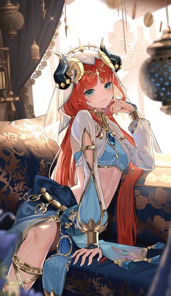 Anime picture 3129x5396 with genshin impact nilou (genshin impact) komiya latte single long hair tall image looking at viewer highres blue eyes smile sitting twintails absurdres red hair traditional clothes horn (horns) midriff low twintails girl veil