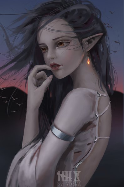 Anime picture 1080x1633 with original ydiya single long hair tall image brown eyes looking away parted lips arm up wind lips pointy ears grey hair finger to mouth evening girl earrings animal bird (birds)