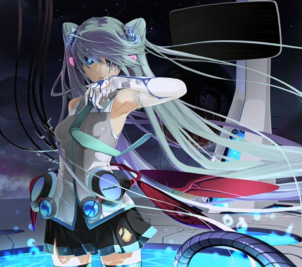 Anime picture 1020x900 with vocaloid hatsune miku rakupi single long hair looking at viewer blue eyes twintails aqua hair night sky girl thighhighs gloves uniform hair ornament miniskirt necktie elbow gloves tongue