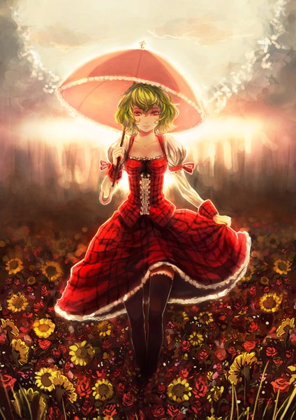 Anime picture 1000x1415 with touhou kazami yuuka bryanth single tall image looking at viewer fringe short hair breasts red eyes holding green hair field morning sunrise soft beauty girl thighhighs skirt flower (flowers)