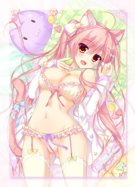 Anime picture 870x1200 with original macaron (ameto yuki) ameto yuki long hair tall image blush breasts open mouth light erotic red eyes twintails animal ears pink hair tail animal tail cat ears cat girl cat tail ass visible through thighs girl