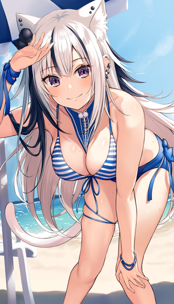 Anime picture 2352x4092 with original kurebayashi noe single long hair tall image looking at viewer blush fringe highres breasts light erotic smile large breasts purple eyes animal ears sky cleavage outdoors white hair tail